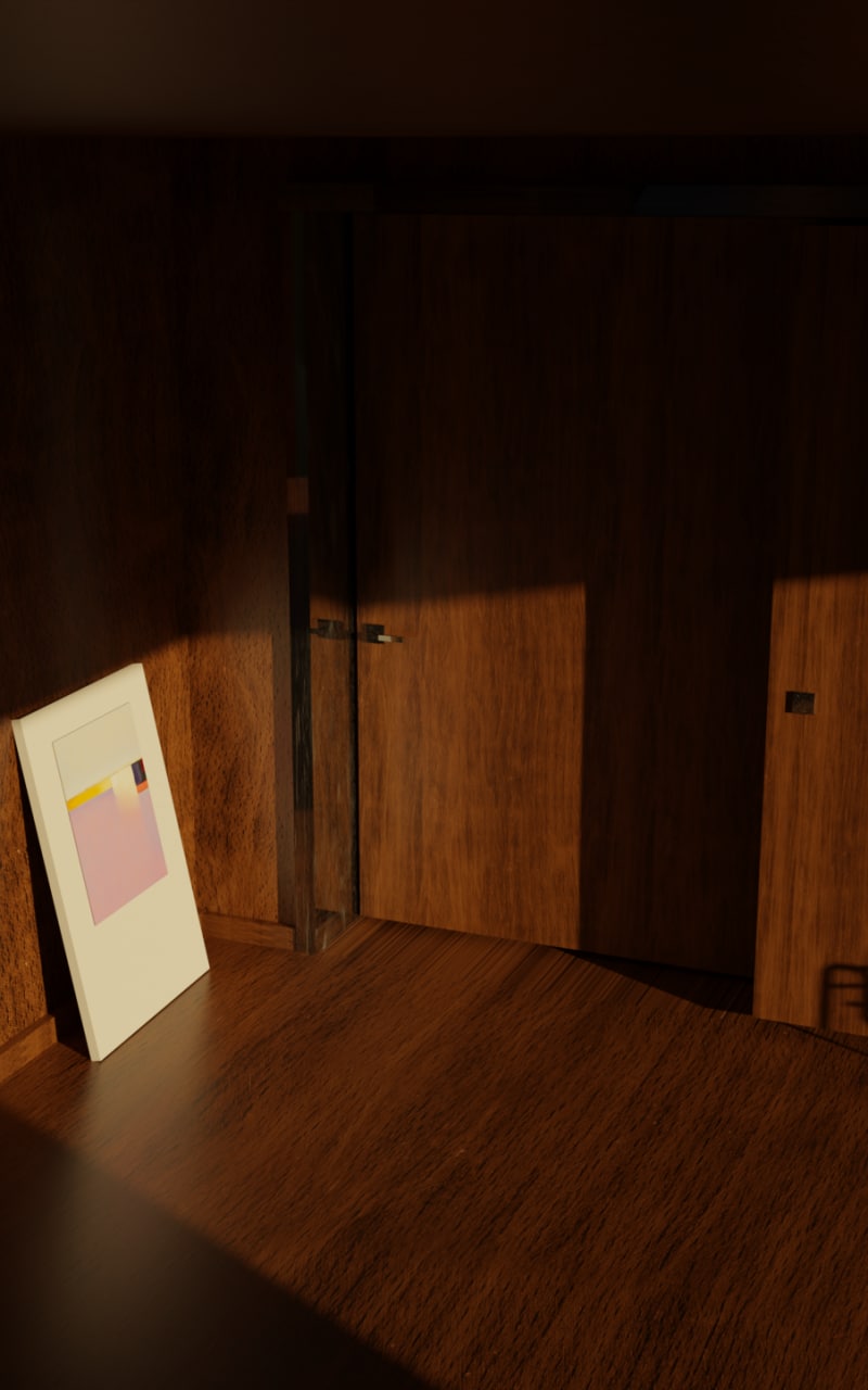 Dark interior with framed art