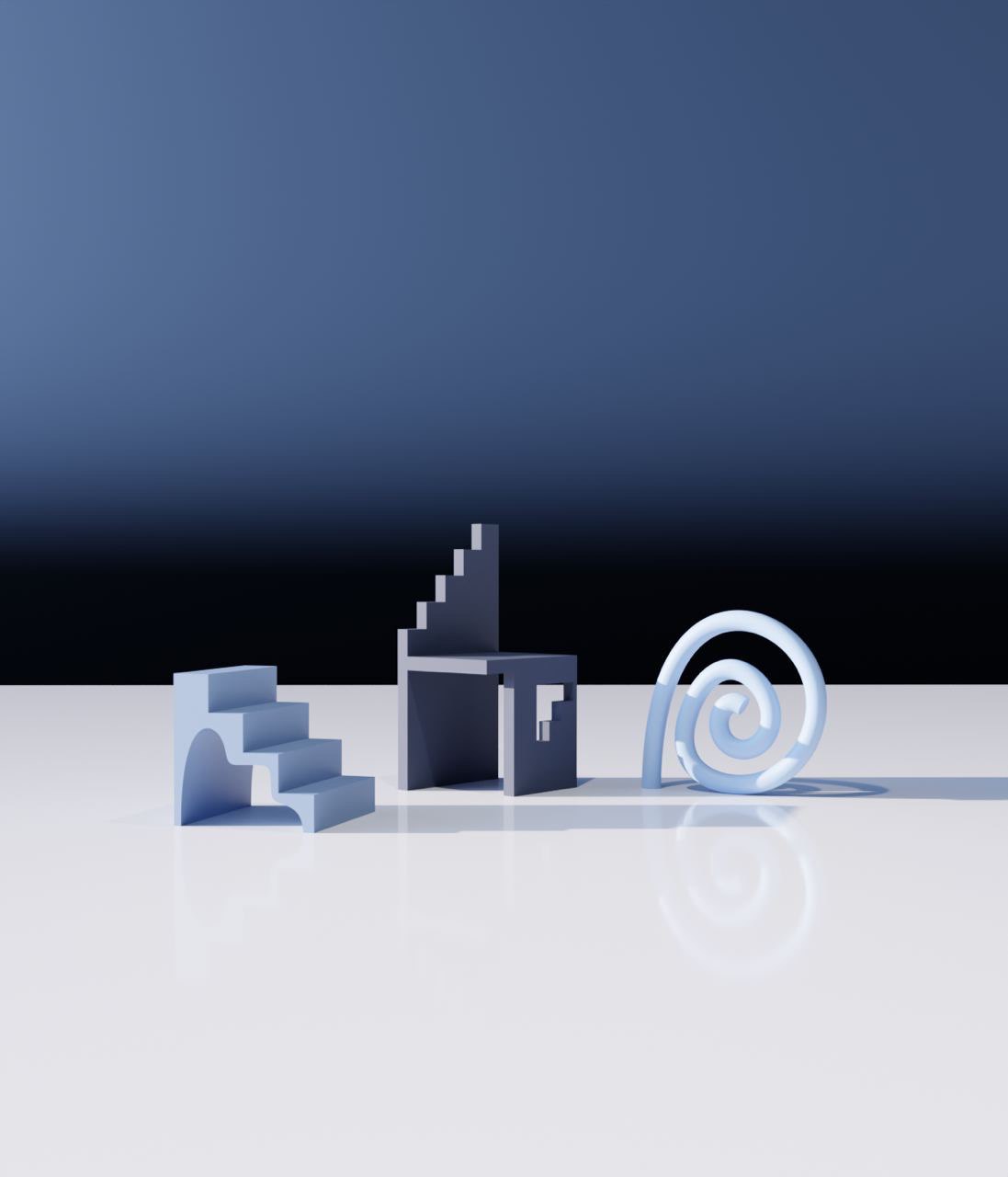 Geometric 3D sculptures on blue background