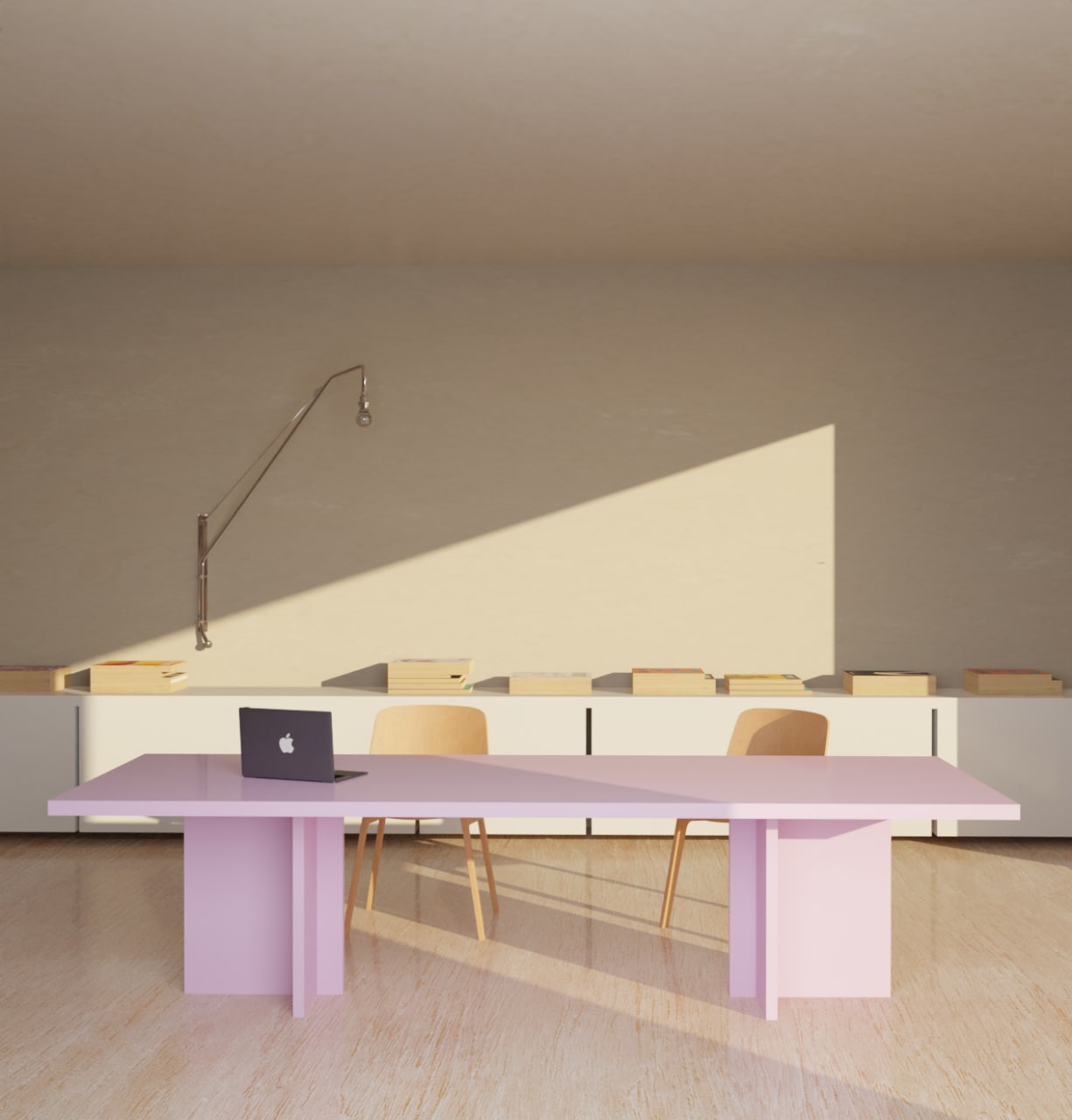 Modern workspace with pink table